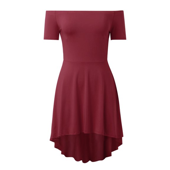 Fashion Dress Womens Off The Shoulder Short Sleeve High Low Cocktail Skater Dress Fall Dresses Wedding Guest Red XXL