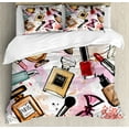 thumbnail image 1 of Fashion Duvet Cover Set, Cosmetic and Makeup Theme Pattern with Perfume Lipstick Nail Polish Brush Modern, Decorative 3 Piece Bedding Set with 2 Pillow Shams, Queen Size, Coral White, by Ambesonne, 1 of 3