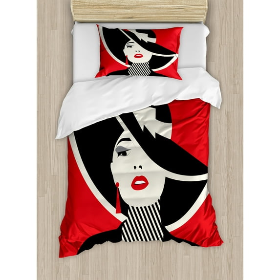 Fashion Duvet Cover Set, French Style in Shabby Form Classical Vintage Hat and Striped Coat Design Print, Decorative 2 Piece Bedding Set with 1 Pillow Shams, Twin Size, Black Red, by Ambesonne