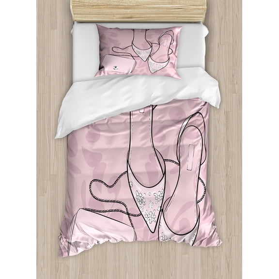 Fashion Duvet Cover Set, Stiletto High Heels Feminine Floral Ornaments Flower Silhouette Illustration, Decorative 2 Piece Bedding Set with 1 Pillow Shams, Twin Size, Rose Pale Rose, by Ambesonne