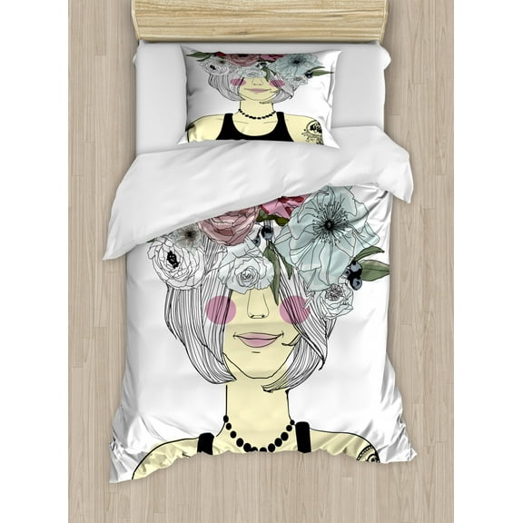Fashion Duvet Cover Set Twin Size, Hipster Girl with Tattoos Wearing Floral Headwear, Decorative 2 Piece Bedding Set with 1 Pillow Sham, Pale Yellow Multicolor, by Ambesonne