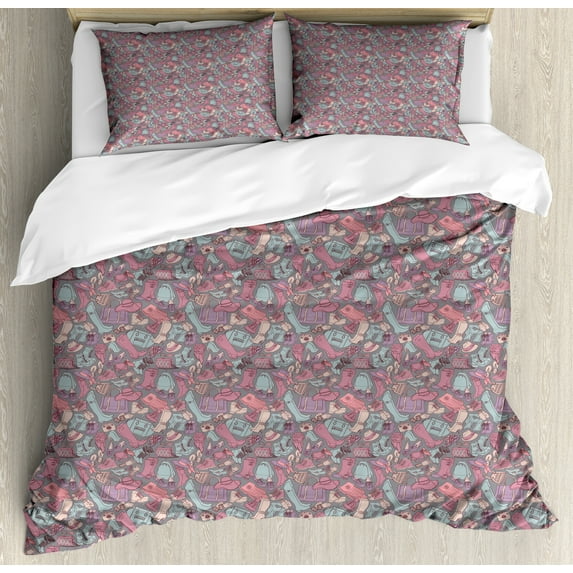 Fashion Duvet Cover Set, Woman Clothes High Heels Shoes Bags Accessory Female Fashion Doodle, Decorative 3 Piece Bedding Set with 2 Pillow Shams, Calking Size, Grey Teal and Multicolor, by Ambesonne