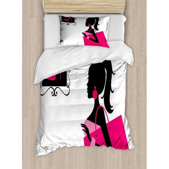 Fashion Duvet Cover Set, Young Woman Looking at a Shoe Store Shopping Female Dressing on Plain, Decorative 2 Piece Bedding Set with 1 Pillow Shams, Twin Size, Hot Pink Charcoal Grey, by Ambesonne