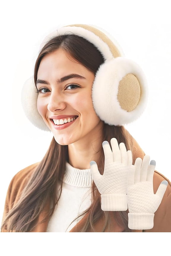 Fashion Ear Muffs for Winter Women W/Screen Touch Gloves Set, Foldable Fuzzy Earmuffs Faux Fur Warmer Covers Outdoor