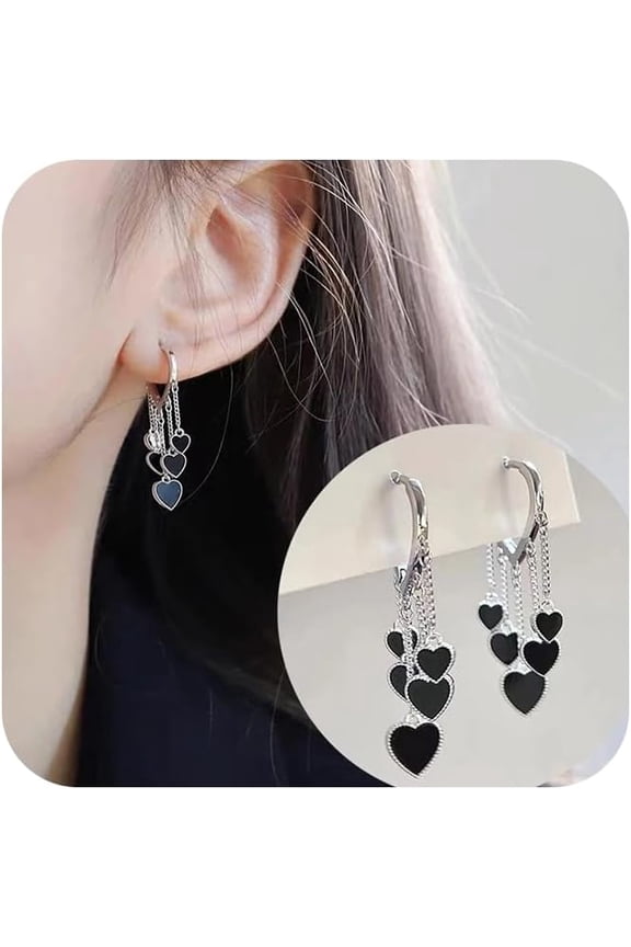 Fashion Elegant Black Heart Tassel Hoop Earrings for Women Love Cute Dainty Drop Dangle Earring Charms Huggie Small Earring Jewelry Gifts 925 Sterling Silver Plated Earrings Gifts for Her
