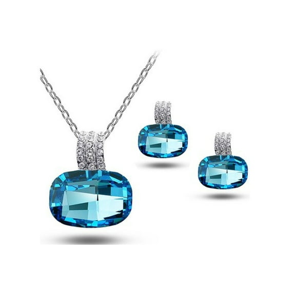 Fashion Elegant Highland Blue Topaz Austrian Crystal Necklace and Earrings Set