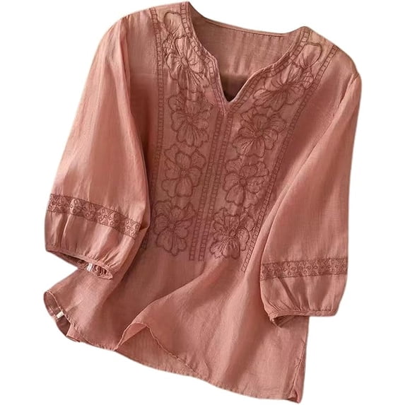 Fashion Embroidered Cotton Linen Tops for Women 3/4 Sleeve Summer Boho Peasant Gauze Blouses Dressy Casual Bohemian Shirts