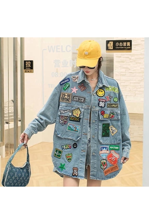 Fashion Embroidery Patches Denim Jacket Coat Women Harajuku Streetwear Hip Hop Trend Loose Jean Jackets Outerwear