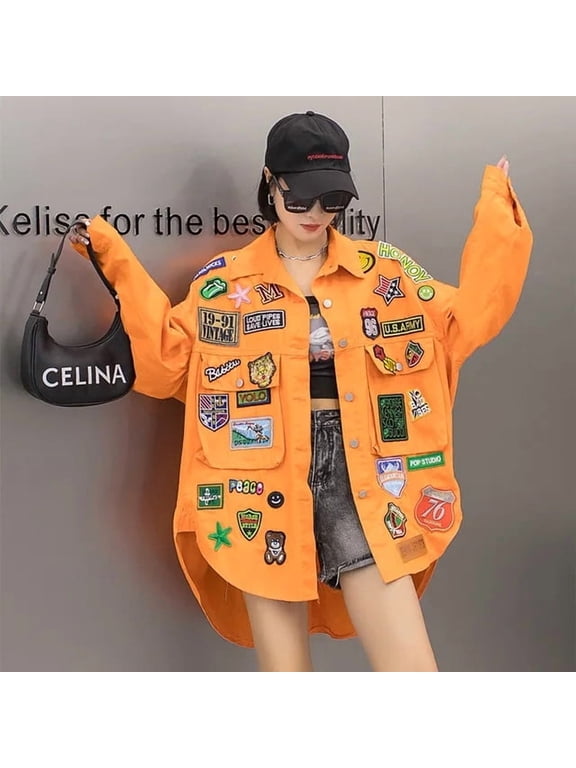 Fashion Embroidery Patches Denim Jacket Coat Women Harajuku Streetwear Hip Hop Trend Loose Jean Jackets Outerwear