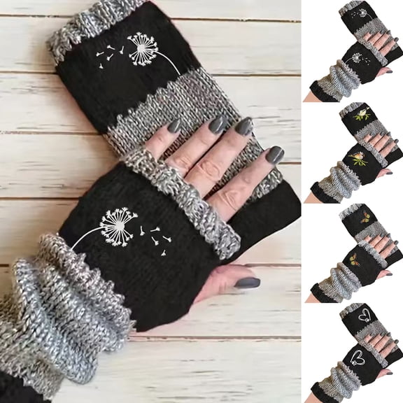 Fashion Embroidery Splicing Knitted Gloves - Warm Fingerless Women's Gloves, Soft Acrylic Casual Mittens with Elegant Embroidery, Perfect for Daily Cold Weather Use, A Pair, C