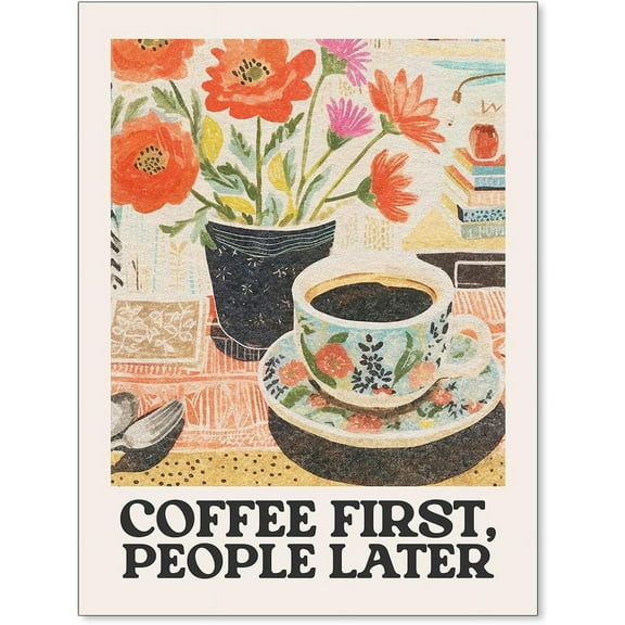 Fashion Espresso Coffee Poster Vintage Floral Aesthetic Wall Art Coffee First People Later Canvas Prints for Kitchen Coffee Bar Wall Decor 12x16 inch Unframed