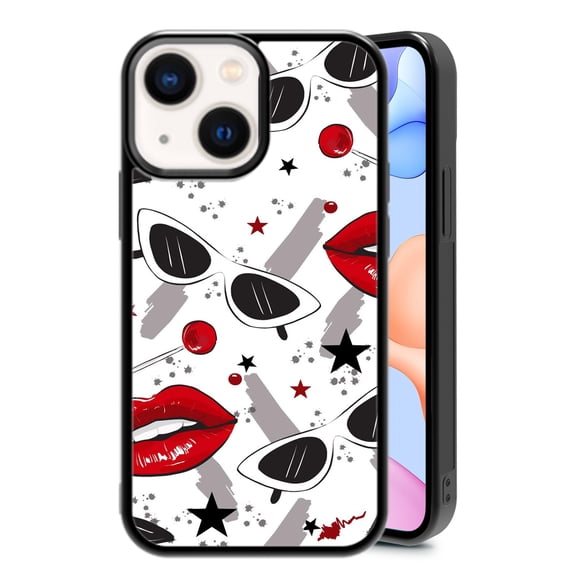 Fashion Eyes Red Lips for iPhone 13 Mini Case, Cute Aesthetic Puzzle Design Shock-Absorbent Protective,Black