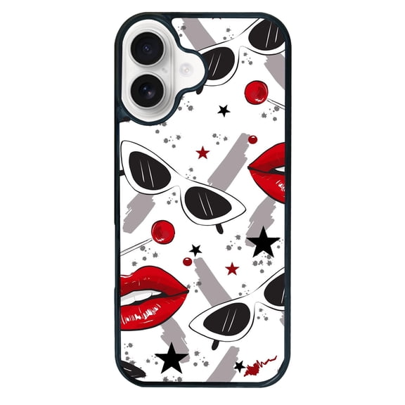 Fashion Eyes Red Lips for iPhone 16 Pro Case, Cute Aesthetic Puzzle Design Shock-Absorbent Protective,Black