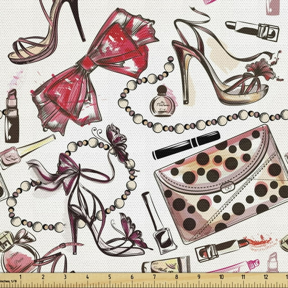 Fashion Fabric by the Yard, Feminine Shoes Lipstic Perfume Accessory Items for Beauty Pattern Image, Decorative Upholstery Fabric for Sofas and Home Accents, 1 Yard, Black Pink Tan by Ambesonne