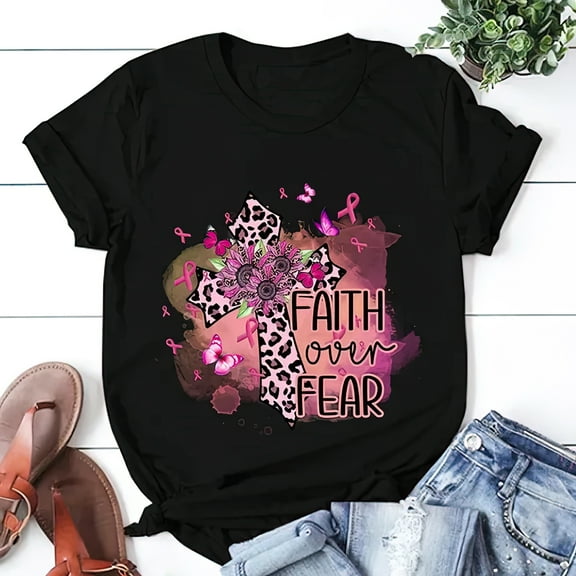 Fashion Faith Over Fear Breast Cancer Awareness Print T Shirts Women Summer Cool Short Sleeve Ladies Crew Neck Harajuku Tops For Teens