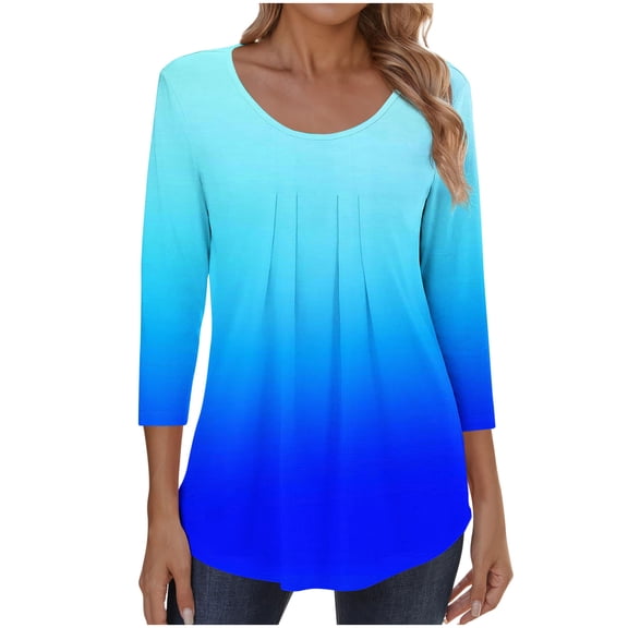Spring Shirts for Women Fashion Women's Casual Printing Tops Plus Size Round Neck Shirts 3/4 Sleeve T-Shirt Blouse Pleated Tunic Shirt Get It Fast