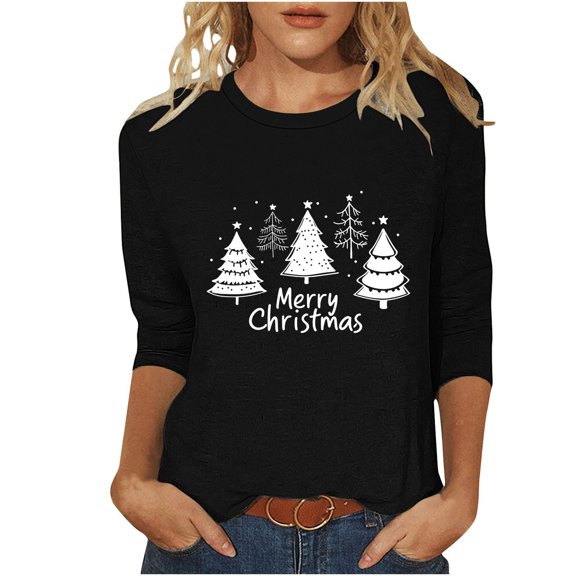 Fashion Fall Saving LiMoi Women's 3/4 Sleeve Round Neck Blouse for Christmas with Delicate Christmas Tree Pattern Tees Tshirts Tops Shirts My Items