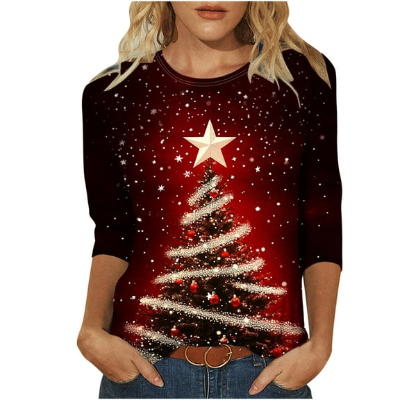 LiMoi Women's 3/4 Sleeve Round Neck Christmas Tree Graphic Print Casual T-Shirt Tees Tshirts Tops for Women Holiday Season My Items