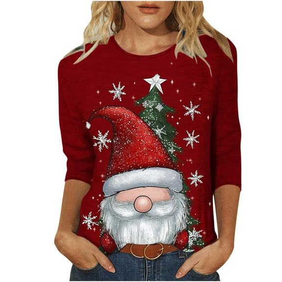 LiMoi Women's 3/4 Sleeve Round Neck Festive Santa Graphic Print Casual T-Shirt Tees Tshirts Tops for Christmas Holiday Season My Items