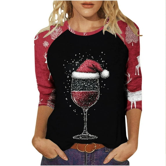 LiMoi Women's 3/4 Sleeve Round Neck T-Shirt with Christmas Wine Glass Scene Print Tees Tshirts Tops Blouse for Ladies My Items
