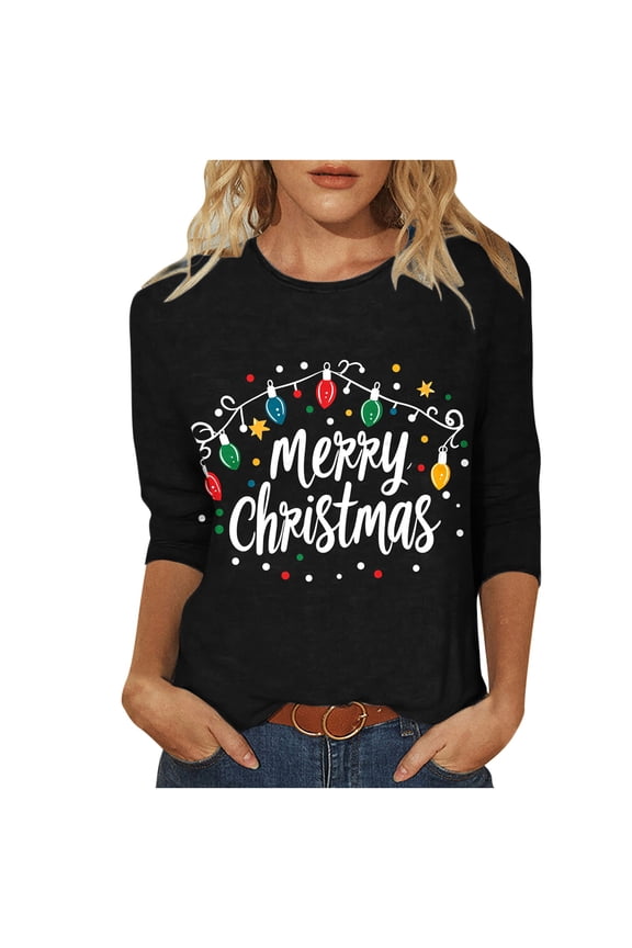 Women's 3/4 Sleeve Round Neck Tshirt with Bold Merry Christmas Message Tees Tops Shirts Blouse for Ladies My Items