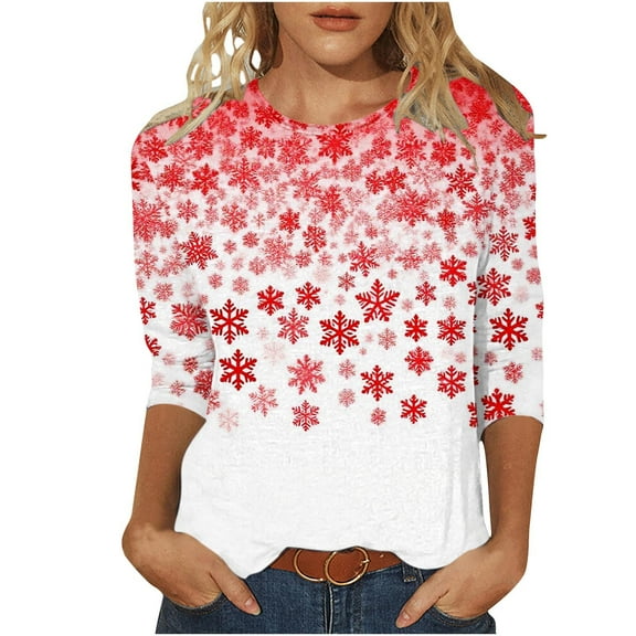 LiMoi Women's 3/4 Sleeve Round Neck Tshirt with Elegant Christmas Snowflake Motif Tees Tops Shirts Blouse for Ladies My Items