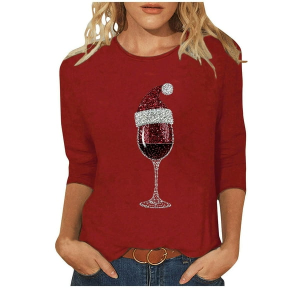 LiMoi Women's 3/4 Sleeve Round Neck Tshirt with Elegant Christmas Wine Tees Tops Shirts Blouse for Ladies My Items