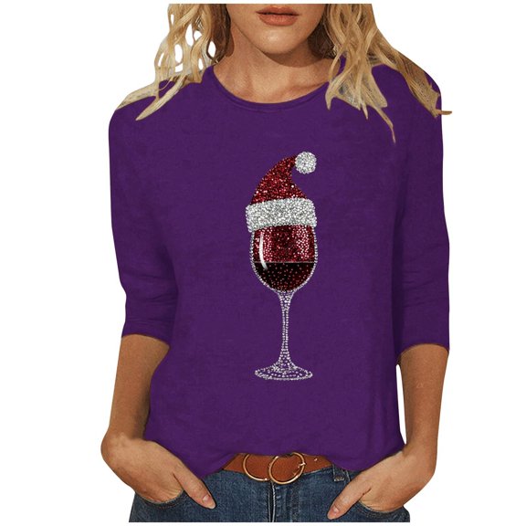 LiMoi Women's 3/4 Sleeve Round Neck Tshirt with Elegant Christmas Wine Tees Tops Shirts Blouse for Ladies My Items