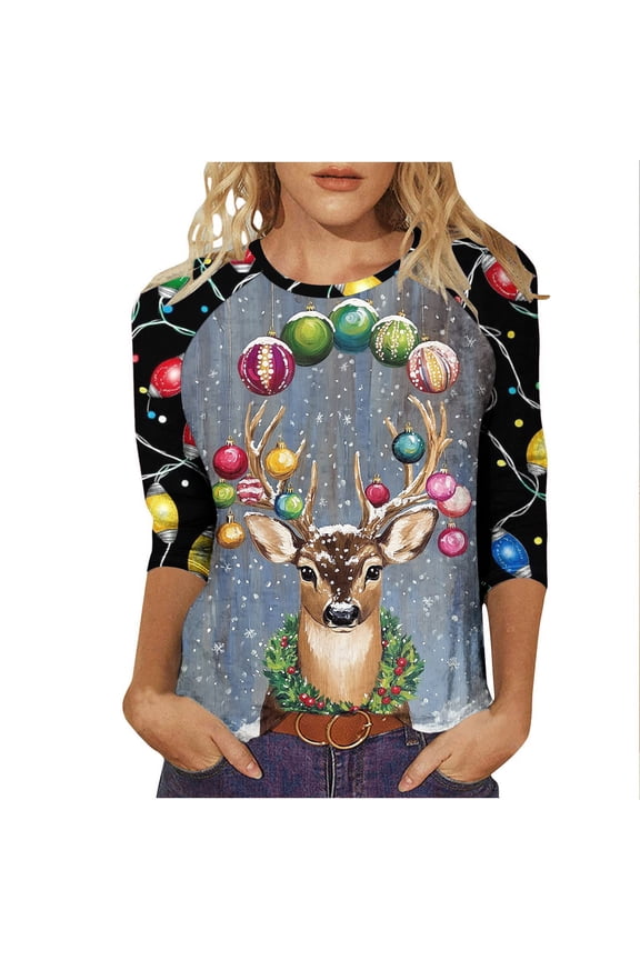 Women's Christmas Reindeer Design 3/4 Sleeve Round Neck Cozy Top for Winter Season Tees Tshirts Shirts Blouse My Items