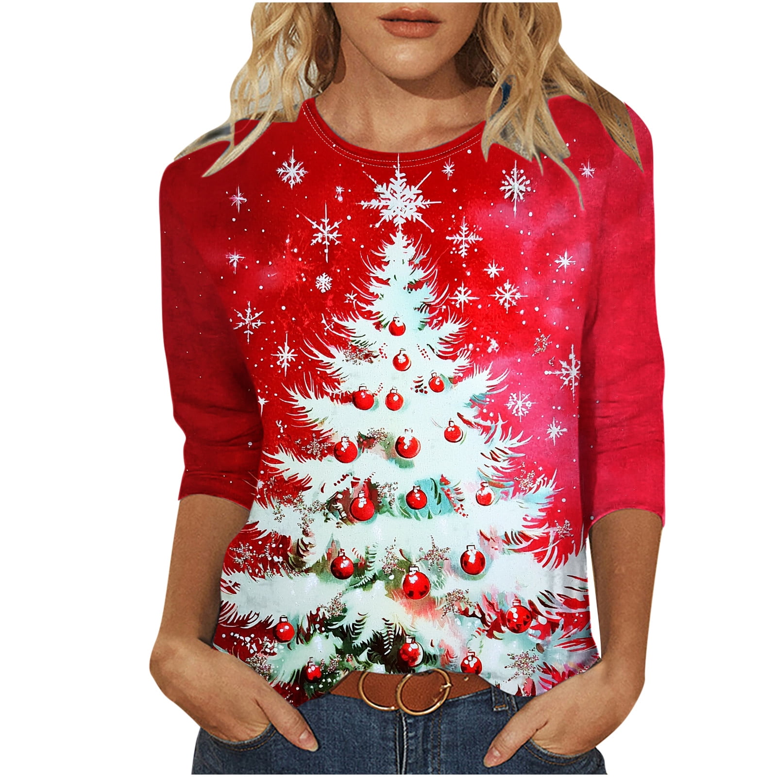 LiMoi Women's Christmas Shirt 3/4 Sleeve Round Neck Blouse with All — free download