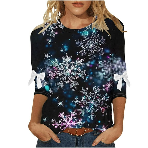 LiMoi Women's Christmas Snowflake Print 3/4 Sleeve Round Neck Casual Tops Tees Tshirts Shirts Blouse for Holiday Party My Items