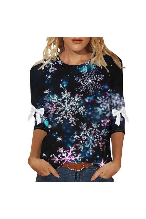 Women's Christmas Snowflake Print 3/4 Sleeve Round Neck Casual Tops Tees Tshirts Shirts Blouse for Holiday Party My Items