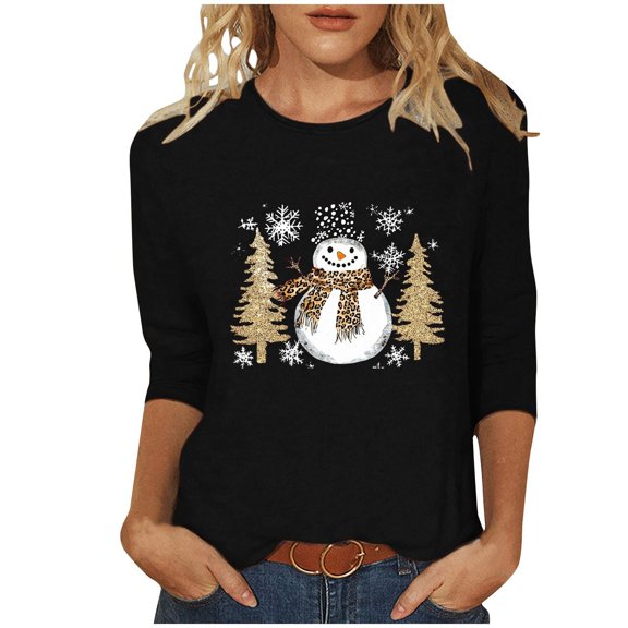 LiMoi Women's Cute Christmas Snowman Top 3/4 Sleeve Round Neck Blouse for Gift Giving Tees Tshirts Shirts My Items