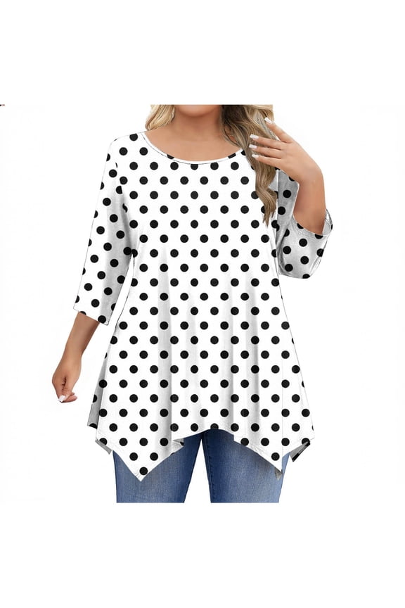 Women's Elegant Dot Print Shirt 3/4 Sleeve Tees Round Neck Chic Blouse Casual Loose Fit Tunic Tops My Order My Items