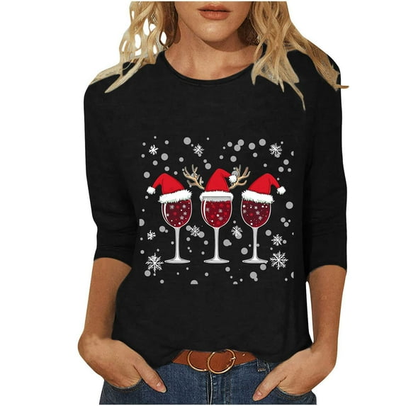 Fashion Fall Saving LiMoi Women's Festive Christmas Wine Glass Shirt Three Quarter Sleeve Round Neck Cozy Blouse for Women Tees Tshirts Tops My Items