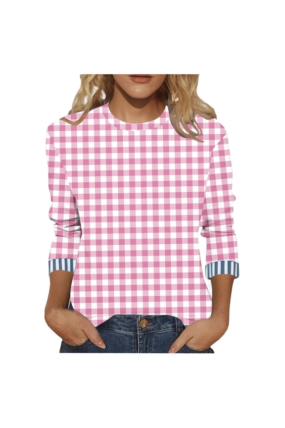 Women's Festive Plaid Pattern Shirt Three Quarter Sleeve Round Neck Cozy Flannel Top Tees Tshirts Blouse My Order My Items