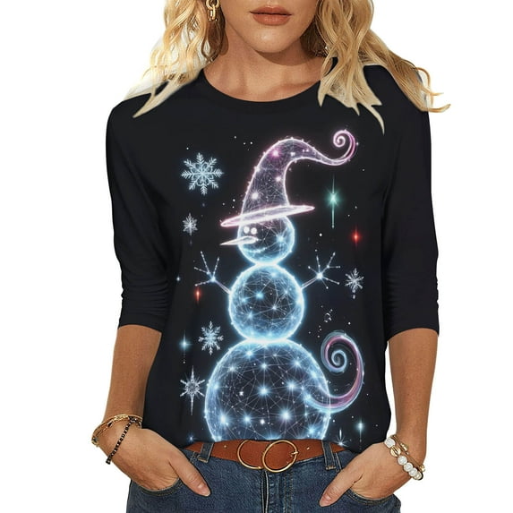 LiMoi Women's Festive Snowman Print T-Shirt 3/4 Sleeve Round Neck Soft Comfortable Top Tees Tshirts Blouse for Xmas My Items