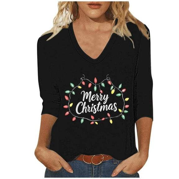LiMoi Women's Festive V Neck Blouse with 3/4 Sleeve and Classic Merry Christmas Wording Tees Tshirts Tops Shirts My Items