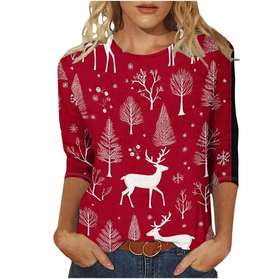 Fashion Fall Saving LiMoi Women's Fun Reindeer Print 3/4 Sleeve Round Neck T-Shirt Tees Top with All Over Christmas Pattern for Ladies My Items Orders