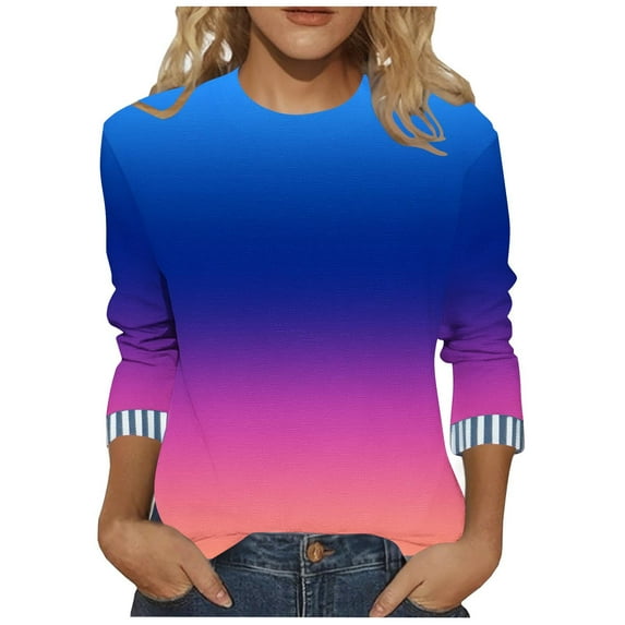 Fashion Fall Saving LiMoi Women's Gradient Color Blouse 3/4 Sleeve Round Neck Soft Comfortable Top Tees Tshirts for Everyday Wear My Order My Items