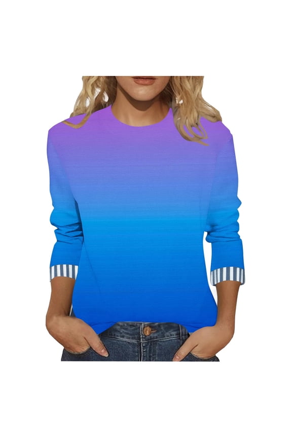 Fashion Fall Saving LiMoi Women's Gradient Color Blouse 3/4 Sleeve Round Neck Soft Comfortable Top Tees Tshirts for Everyday Wear My Order My Items