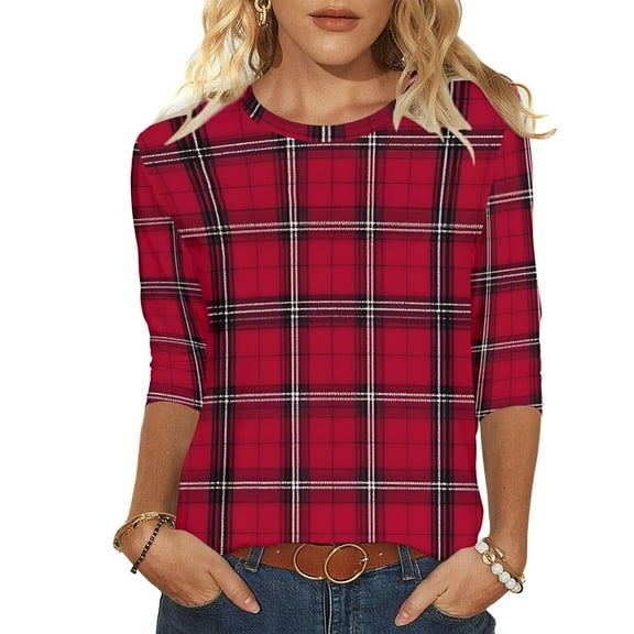 LiMoi Women's Holiday Plaid Shirt with 3/4 Sleeve Round Neck Cute Christmas Design Tees Tops Tshirts Blouse My Order My Items