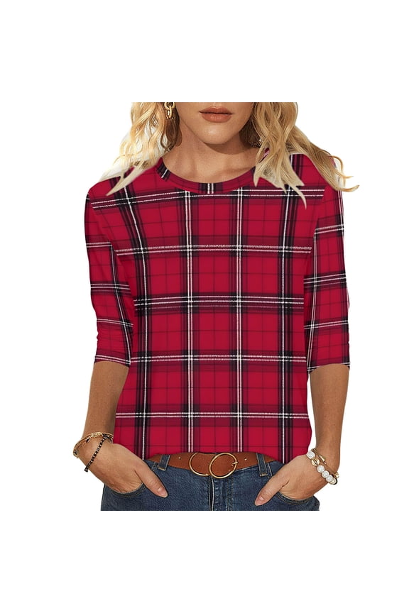 Women's Holiday Plaid Shirt with 3/4 Sleeve Round Neck Cute Christmas Design Tees Tops Tshirts Blouse My Order My Items