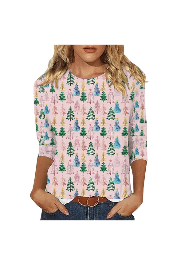Fashion Fall Saving LiMoi Women's Holiday Tops for Women 3/4 Sleeve Round Neck Shirt with Merry Christmas Tree Design Tees Tshirts Blouse My Items