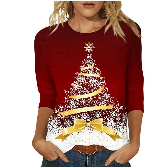 LiMoi Women's Holiday Tree Graphic T-Shirt 3/4 Sleeve Round Neck Soft Cotton Top for Seasonal Fun Tees Tshirts Shirts Blouse My Items