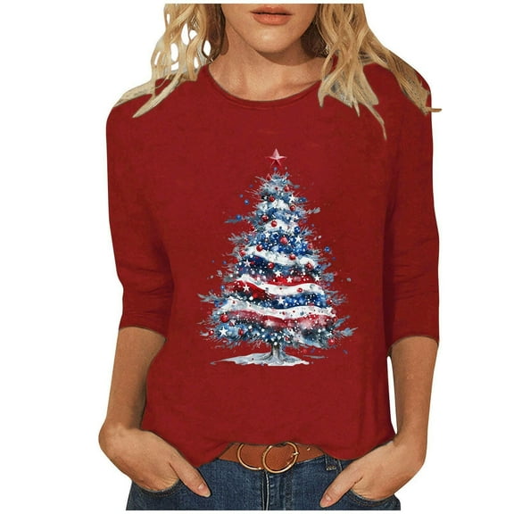 Fashion Fall Saving LiMoi Women's Round Neck Christmas Shirt with 3/4 Sleeve and All Over Christmas Tree Print Tees Tshirts Tops Blouse My Items