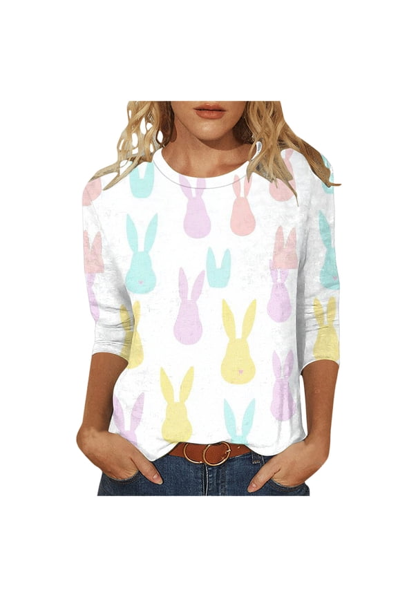 Women's Round Neck Holiday Blouse with Easter Day Print Three Quarter Sleeve Top Tees Tshirts My Items