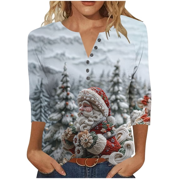 LiMoi Women's Seasonal Holiday Blouse Three Quarter Sleeve V Neck Top with Artistic Santa Print Tees Tshirts Shirts My Items