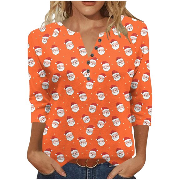 LiMoi Women's Seasonal Themed Blouse Featuring a Santa Print Three Quarter Sleeve V Neck Comfortable Tees Tshirts Tops Shirts My Items