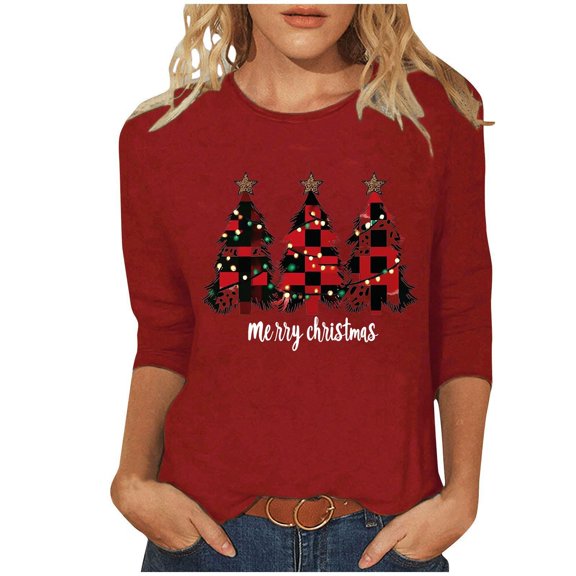 Fashion Fall Saving LiMoi Women's Three Quarter Sleeve Holiday Top Round Neck Christmas Tree Graphic T-Shirt for Women Tees Tshirts Blouse My Items